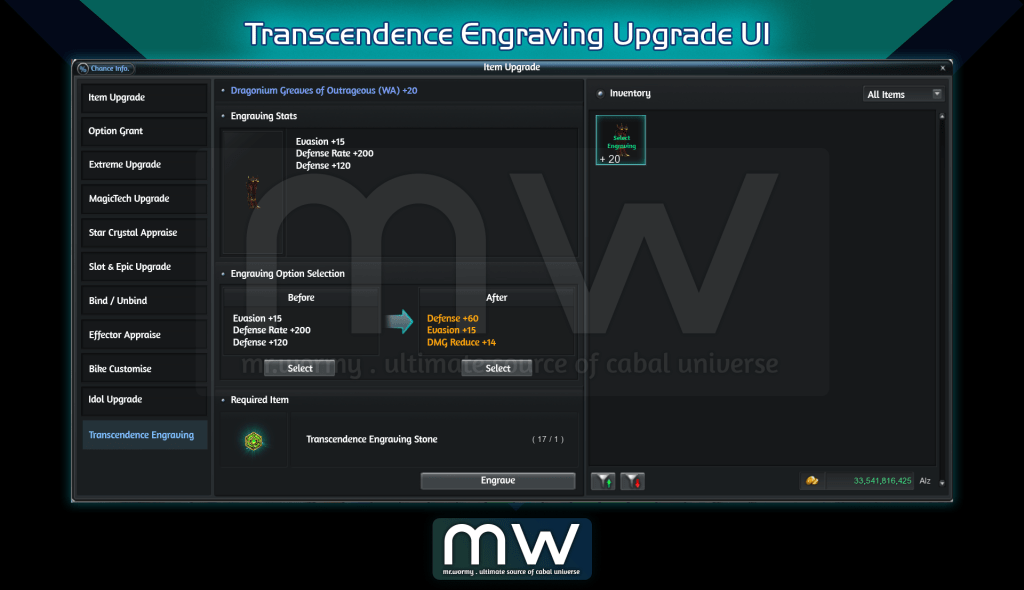 User interface for Transcendence Engraving Upgrade in a game, featuring options for upgrading 'Dragonium Greaves of Outrageous' with statistics for evasion, defense, and damage reduction.