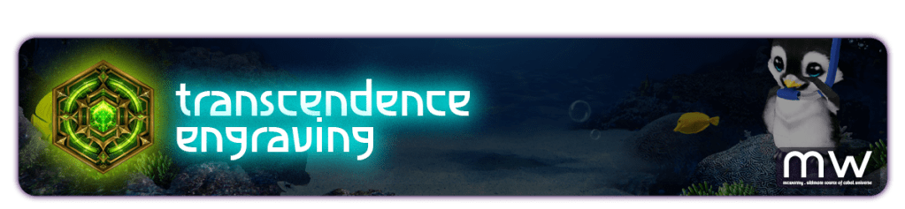 Banner featuring the text 'transcendence engraving' in glowing blue, alongside a hexagonal green gem and a cartoon penguin character holding a spoon, with an underwater scene in the background.