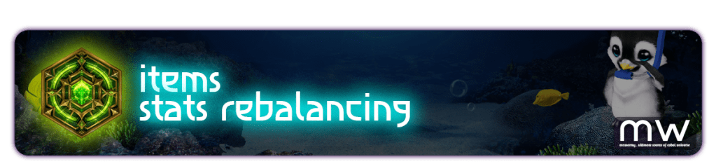 Banner displaying the text 'items stats rebalancing' with a glowing hexagonal icon and an animated penguin character holding a drink, set in an underwater scene.