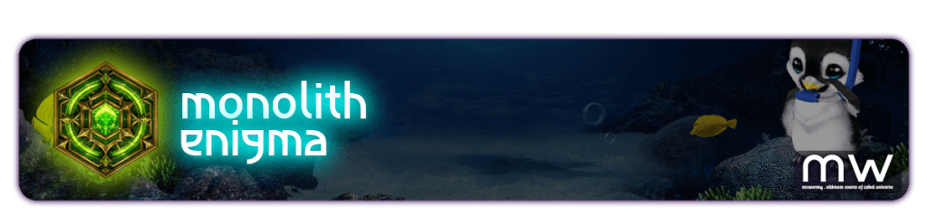 A graphic featuring the text 'monolith enigma' in a modern font, alongside a hexagonal jewel icon, set against a serene underwater background with a cartoon penguin wearing a snorkel and interacting with a fish.