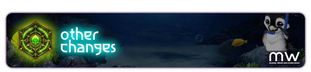 Banner featuring the text 'other changes' with a green hexagonal gem and a cartoon penguin holding a snorkel, set against an underwater backdrop.