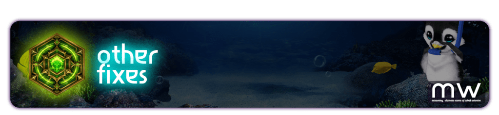 Underwater scene featuring a glowing green gem and the text 'other fixes', with a cartoon penguin wearing a snorkel and holding a clipboard.